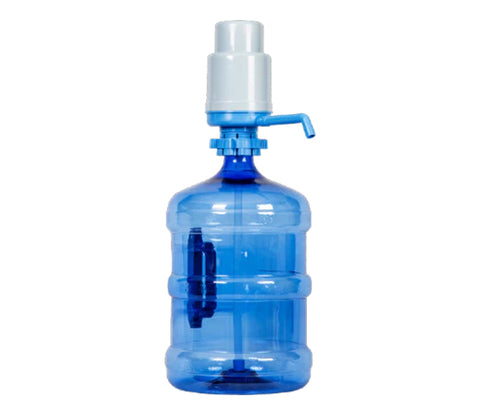 a manual hand pump fitted on a 15L bottle of water