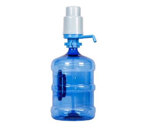 a manual hand pump fitted on a 15L bottle of alkaline water