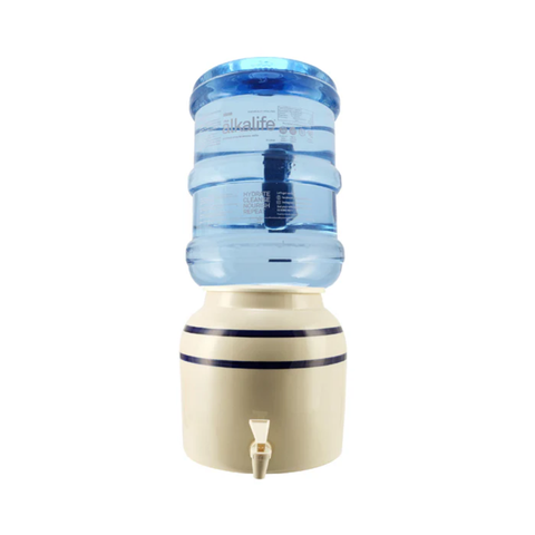15L alkaline water bottle upside down on a ceramic water dispenser