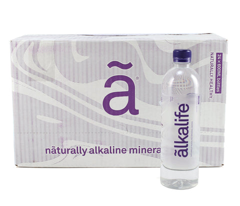 a 600ml bottle of ãlkalife naturally alkaline mineral water in front of a carton