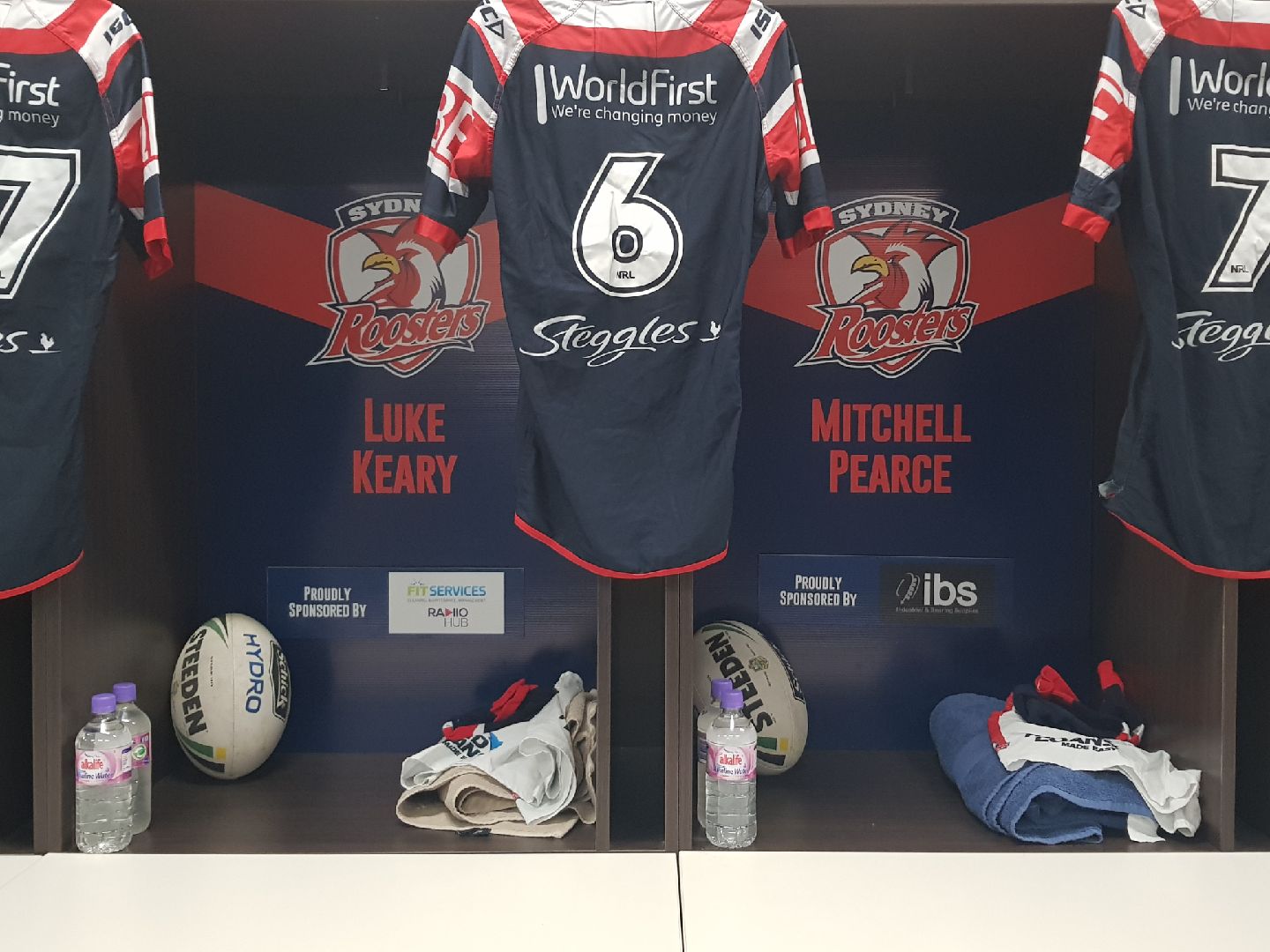 photo of alkalife naturally alkaline water bottles in the Sydney Roosters locker room
